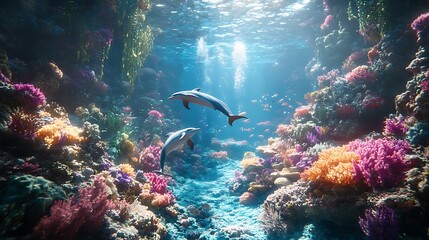 Fototapeta premium Dolphins swimming in vibrant coral reef underwater nature scene
