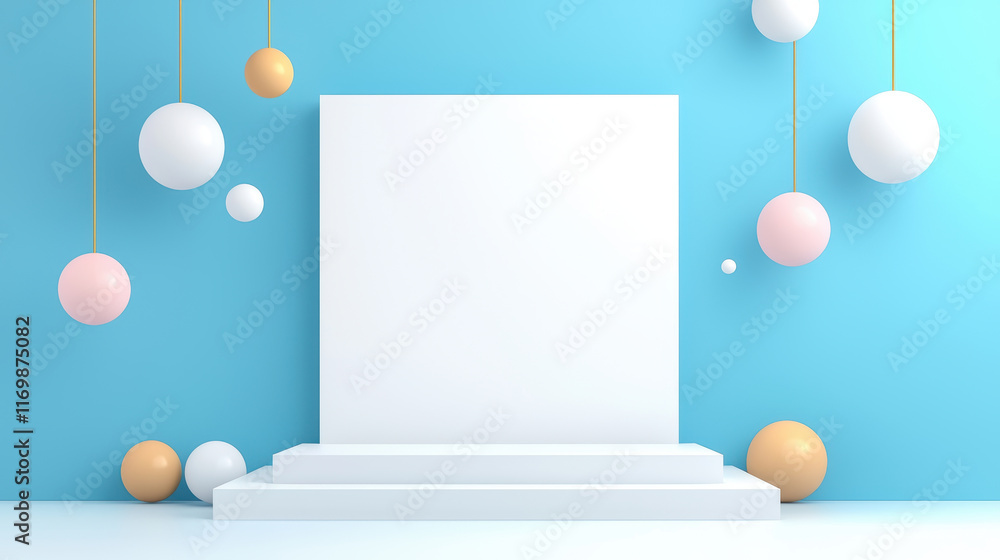 Poster minimalist display with colorful spheres on blue background