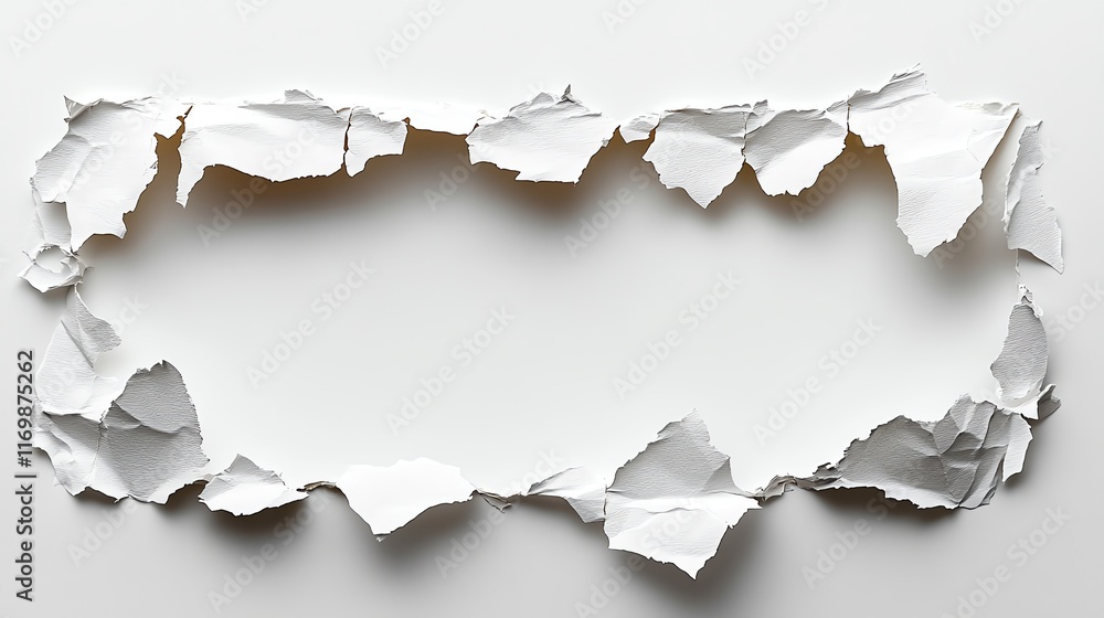 Aufkleber a rectangular hole torn in a white sheet of paper with rough edges.