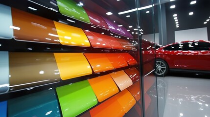 Car color change film color card display board showcasing a variety of spray paint colors for automotive body customization. A visually appealing spray paint color display wall 