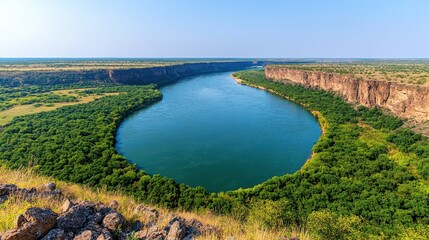 Serene River Curving Through Lush Green Landscape Under Clear Sky
