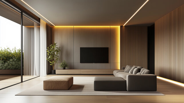 Natural Wood Interior Design Composition of A Living Room With Grey Sofa, Beige Pouf, Wooden Wall Panels and LED Strip Lights, Large Framed Glass Window Overlooking the Balcony. Minimal.