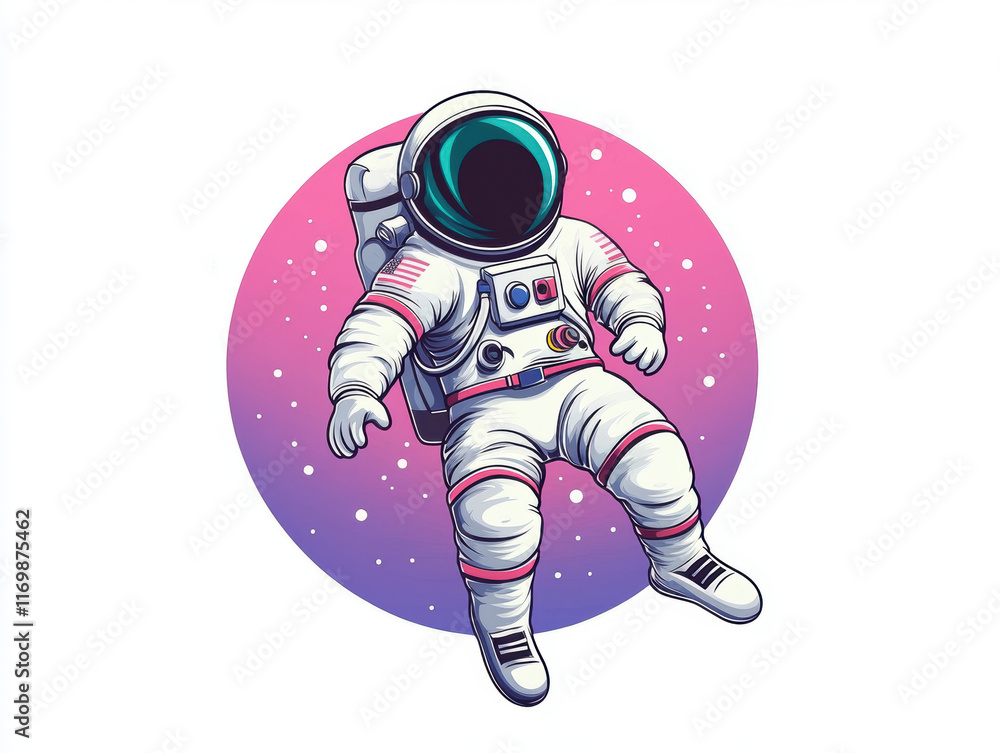 Poster astronaut floating in space, wearing white space suit with colorful details. background features gra