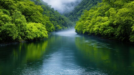 Tranquil River Surrounded by Lush Green Forests in Misty Landscape