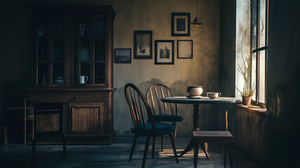 シックでモダンな暗いの部屋の、観葉植物と窓からの光が美しいスペース。在宅仕事、オンラインセミナー、Zoom、打ち合わせ、SNS、動画の背景としてお使いいただけます。