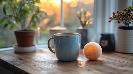 Blue Mug Bath Bomb On Wooden Surface Near Window