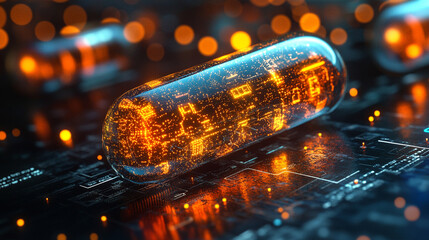 AI technology concept of a medicine pill symbolizing future healthcare representing innovation and chaos, incorporating digital circuits, futuristic designs, and abstract elements blending technology 