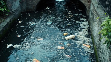 Obraz premium Polluted Canal with Dramatic Lighting and Educational Labels