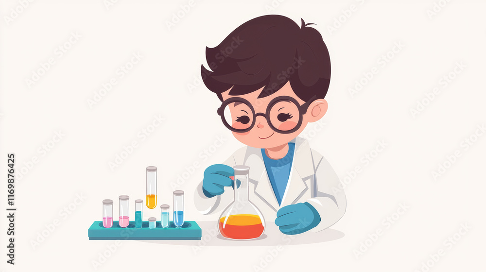 Poster child scientist in lab coat conducts experiment with colorful liquids in test tubes, showcasing curi