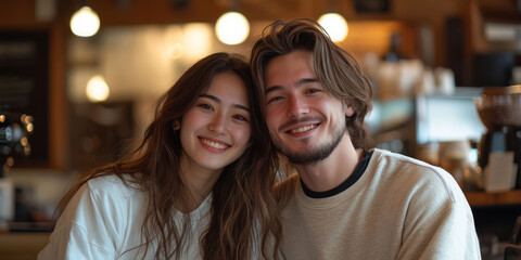 Portrait of young Japanese couple smiling and looking at camera, generative AI