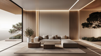Natural Wood Interior Design Composition of A Living Room With Cream Sofa, Wooden Coffee Table, Wall Panels, LED Strip Lights and Indoor Trees, Large Framed Glass Window Overlooking Nature. Minimal.