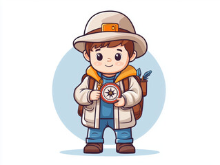 Obraz premium cheerful child dressed as explorer holds compass, wearing hat and backpack. playful design captures spirit of adventure and curiosity