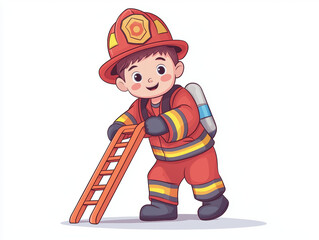 cartoon child dressed as firefighter, climbing ladder with enthusiasm. bright colors and playful expression evoke sense of adventure and imagination