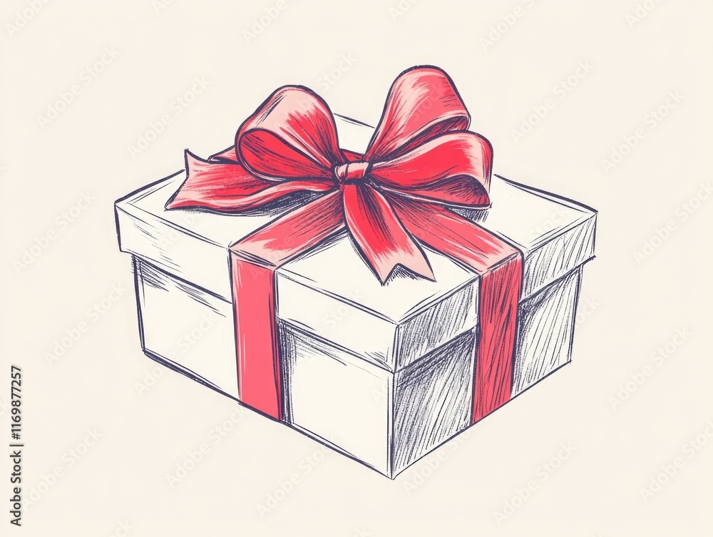 Poster white box with a red bow on top. the box is decorated with a red bow and is sitting on a white backg