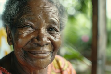 Older woman wearing colorful jewelry, sitting by a window, looking at the camera