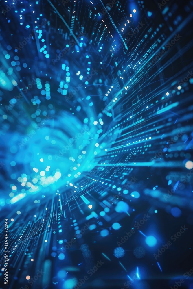 Poster glowing blue circuit board with numerous fine wires, representing advanced technology and data trans
