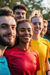Obraz premium A group of athletes posing together for a sports team photo on the sidelines of an outdoor event. They are wearing colorful running attire and appear to be in good spirits.