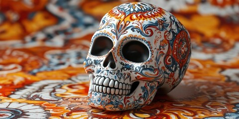 A vibrant ceramic skull decoration with intricate patterns, a symbol often associated with Mexican celebrations of the Day of the Dead.