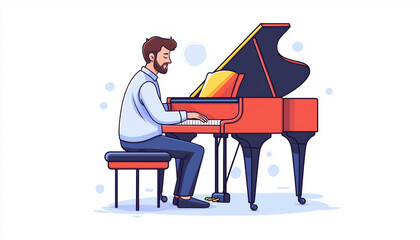 musician playing grand piano, showcasing talent and passion. scene captures man in white shirt, seated on stool, immersed in music
