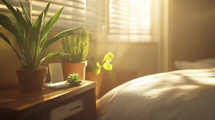 Sunlit Bedroom Serenity: Plants and Morning Light
