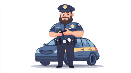 Obraz premium cartoon police officer stands confidently beside police car, showcasing friendly demeanor. character is dressed in uniform, emphasizing authority and safety