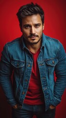 Fototapeta premium Confident Man in Denim Against Red Background