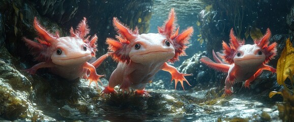 Three Adorable Axolotls in Underwater Habitat