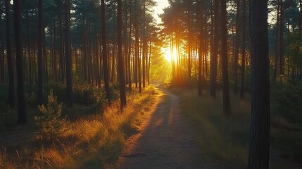 Obraz premium Serene sunset in dense forest with towering pine trees and a winding path. Beautiful natural landscape with golden sunlight filtering through the pines, perfect for nature background in wide format