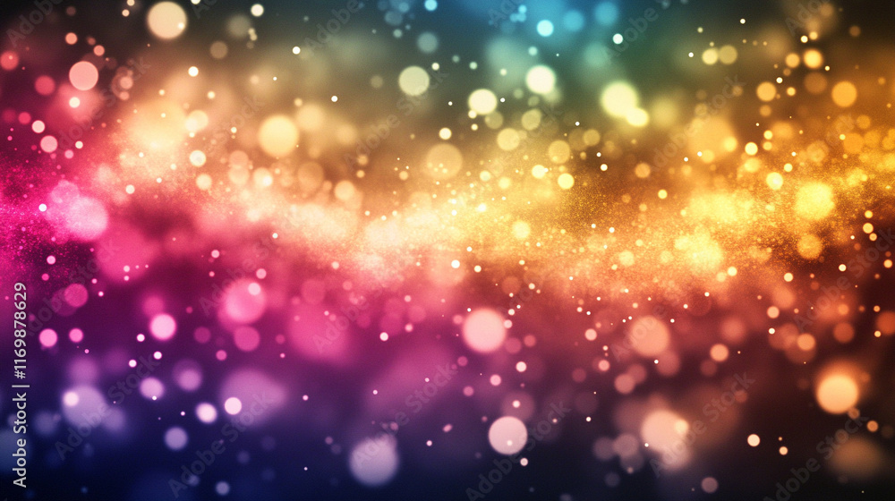 Poster blur colorful warm rainbow light leaks on black background with dust texture creating a defocused ab