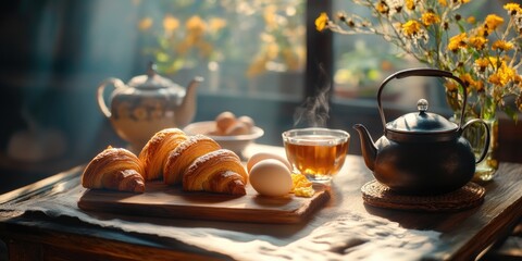 A cozy tea and coffee breakfast setup with croissants and pastries.