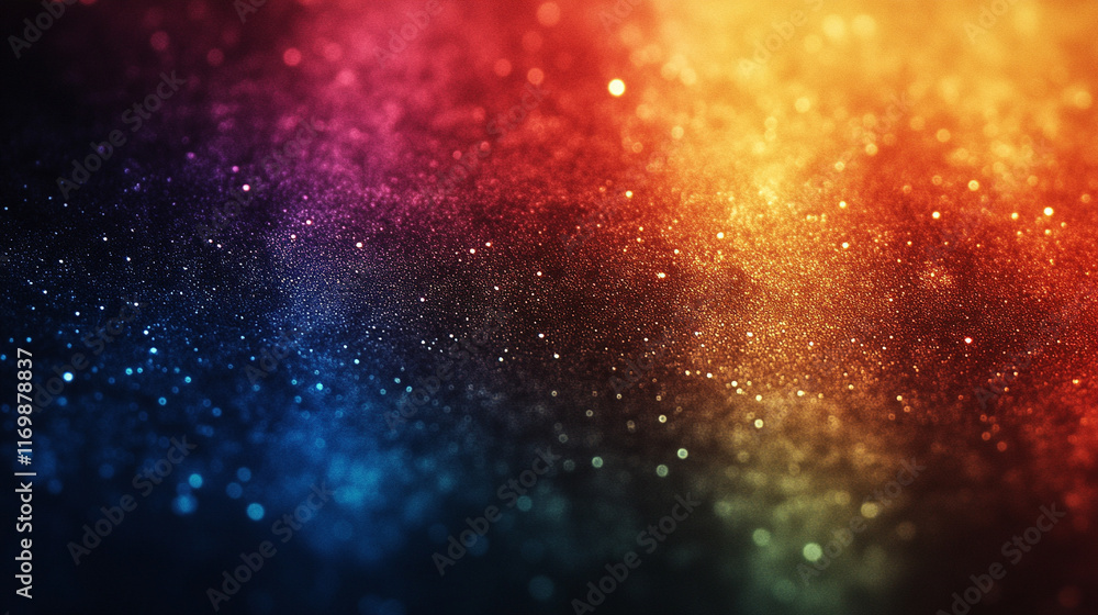 Poster blur colorful warm rainbow light leaks on black background with dust texture creating a defocused ab