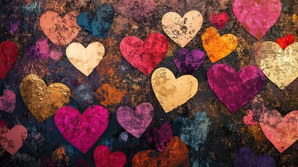 Obraz premium Digital illustrations of hearts in various sizes and colors make up a Valentine's Day background, a close-up of shapes, a playful mix of hearts, perfect for a romantic banner or header design.