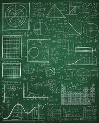 Fototapeta premium Comprehensive Mathematical Concepts on a Chalkboard: Equations, Geometric Shapes, Graphs, and Calculations Highlighting Advanced Problem-Solving, Education, and Mathematical Exploration in a Classroom