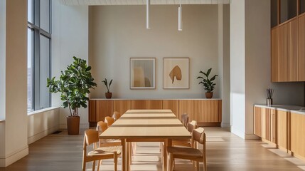 Fototapeta premium Modern Minimalist Room Design with Wooden Table and Cabinets