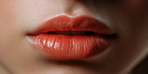 Fototapeta premium Vivid pink lipstick on a person's lips, close up shot emphasizing texture and glossiness.