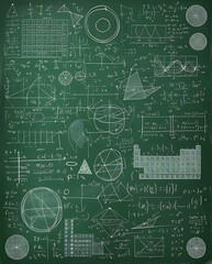 Fototapeta premium Comprehensive Mathematical Concepts on a Chalkboard: Equations, Geometric Shapes, Graphs, and Calculations Highlighting Advanced Problem-Solving, Education, and Mathematical Exploration in a Classroom