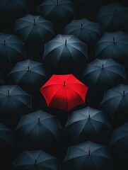Black and red umbrella is the only one in a group of black umbrellas. The red umbrella stands out against the black background, creating a sense of contrast and drawing attention to itself
