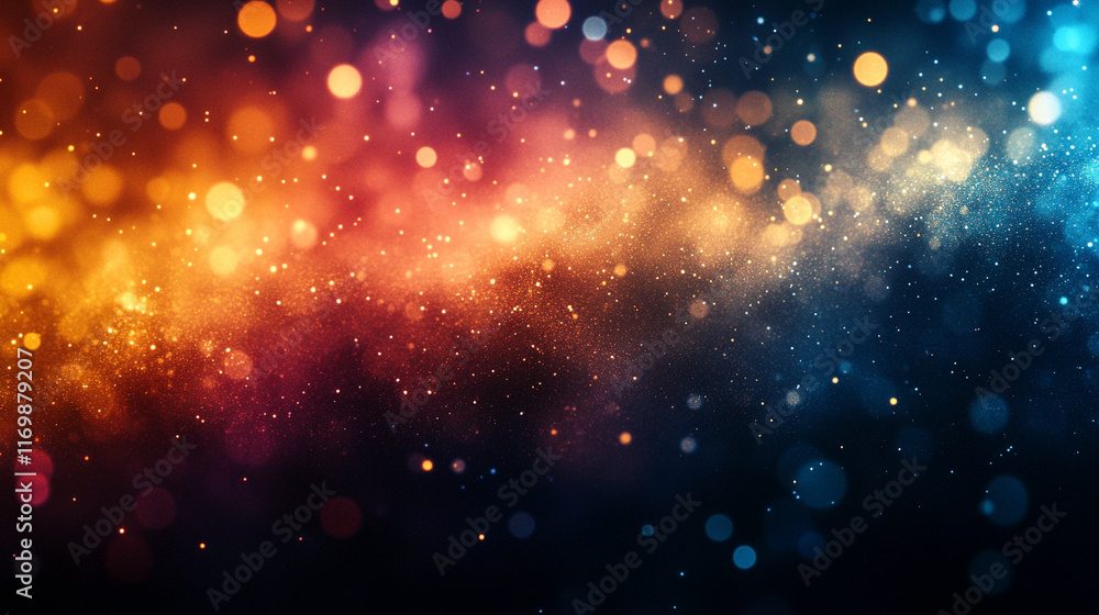 Poster blur colorful warm rainbow light leaks on black background with dust texture creating a defocused ab