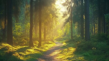 Fototapeta premium Serene sunset in dense forest with towering pine trees and a winding path. Beautiful natural landscape with golden sunlight filtering through the pines, perfect for nature background in wide format