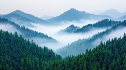 Fototapeta premium Serene Mountain Landscape with Mist and Lush Green Forests
