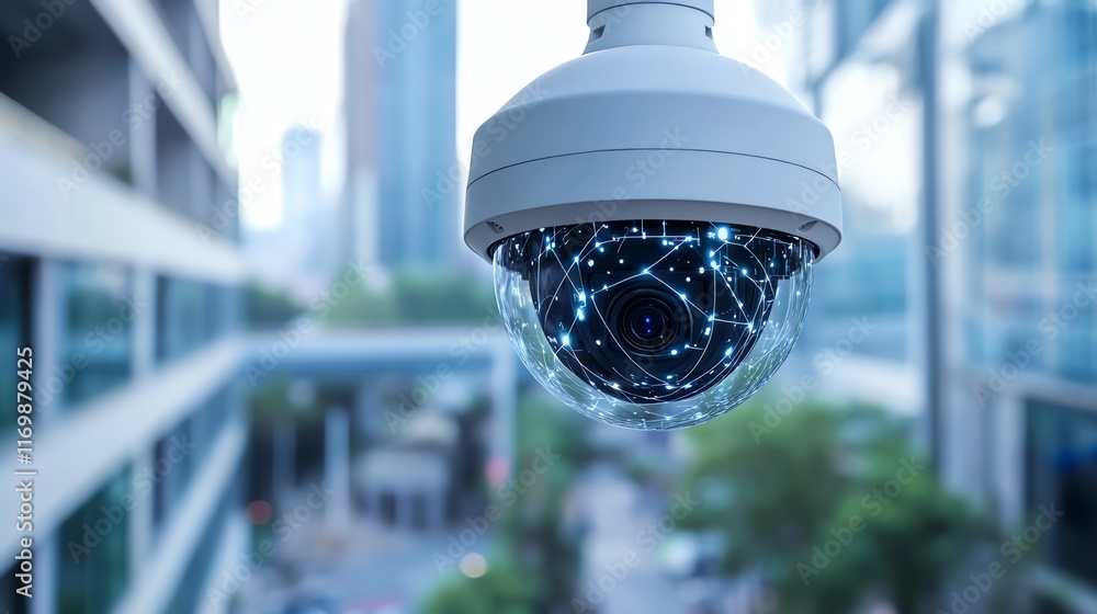 Poster a security camera with a network of lines inside the lens, against a blurry background of a city.