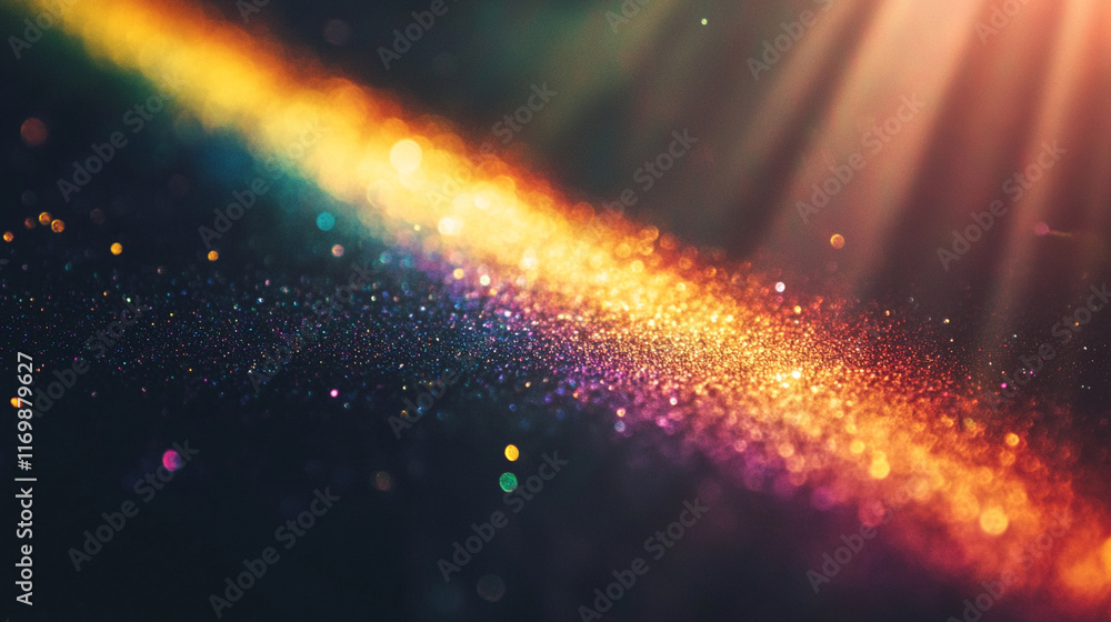 Poster blur colorful warm rainbow light leaks on black background with dust texture creating a defocused ab