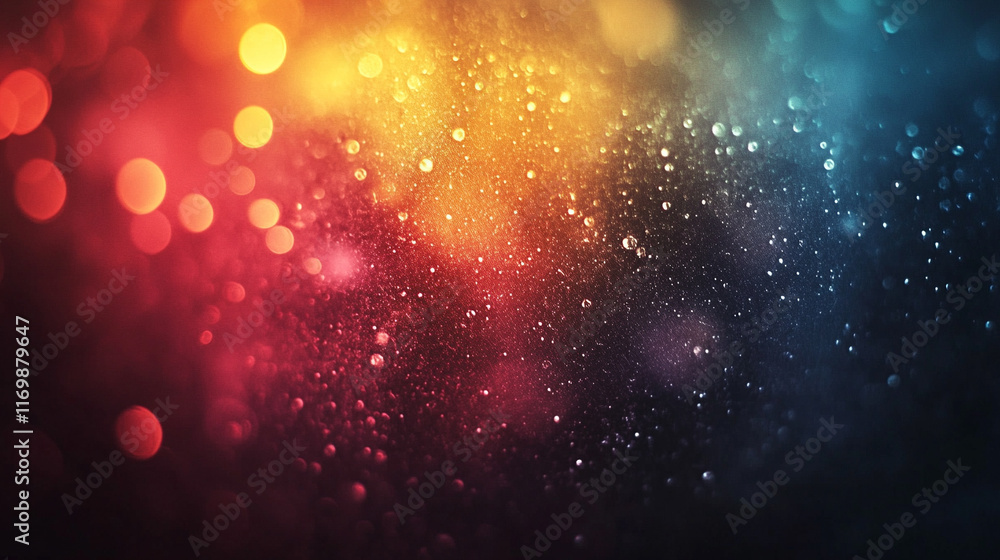 Poster blur colorful warm rainbow light leaks on black background with dust texture creating a defocused ab