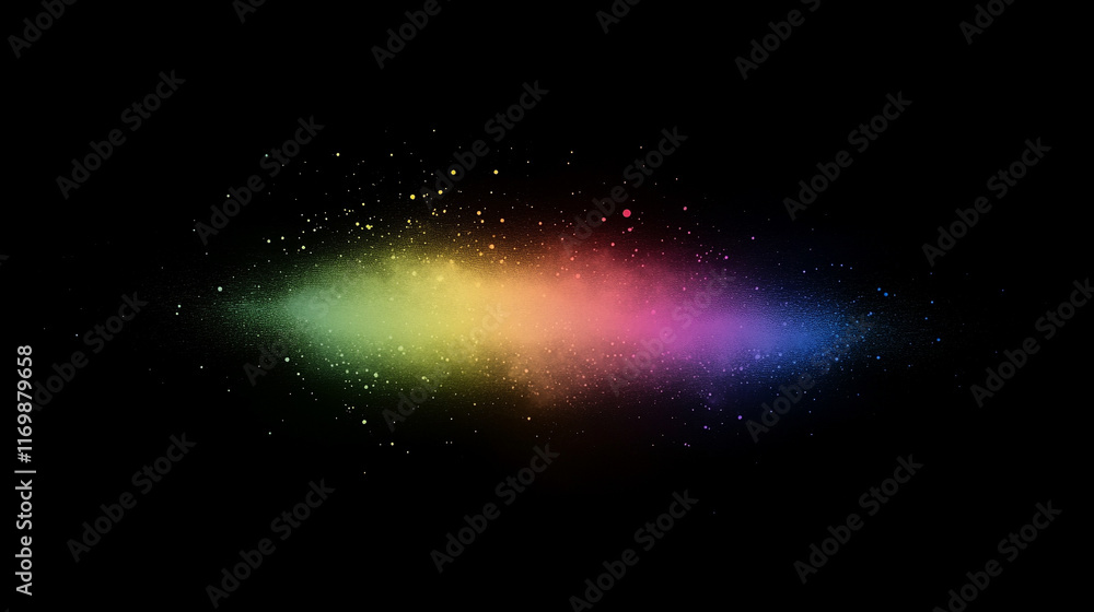 Poster blur colorful warm rainbow light leaks on black background with dust texture creating a defocused ab