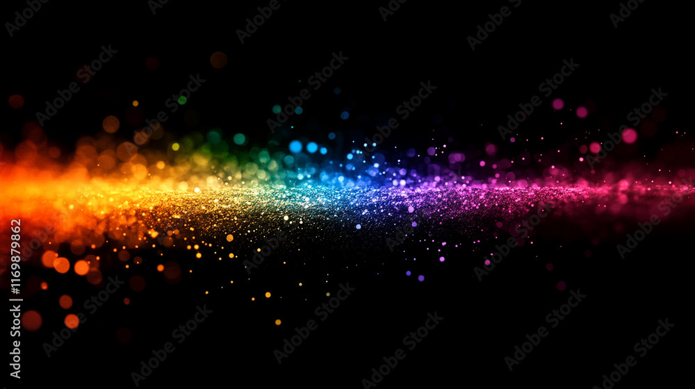 Poster blur colorful warm rainbow light leaks on black background with dust texture creating a defocused ab