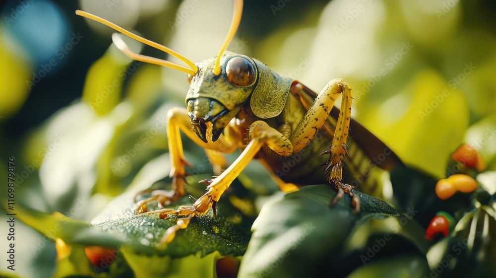 Poster close-up of a vibrant grasshopper with red and yellow patterns against a backdrop of green foliage.