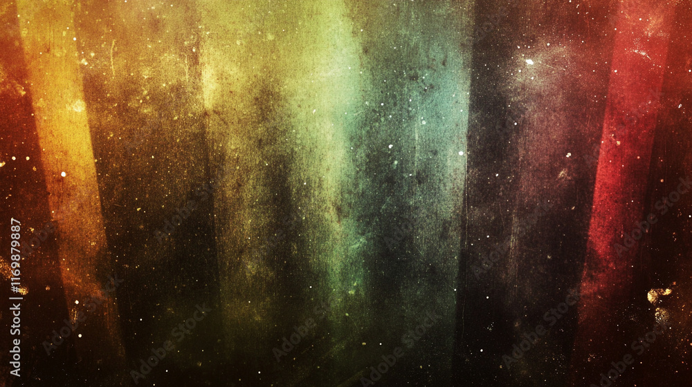 Poster blur colorful warm rainbow light leaks on black background with dust texture creating a defocused ab