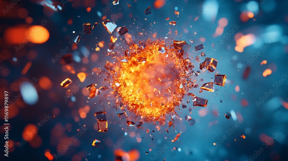 Poster fiery explosion with shards scattering.