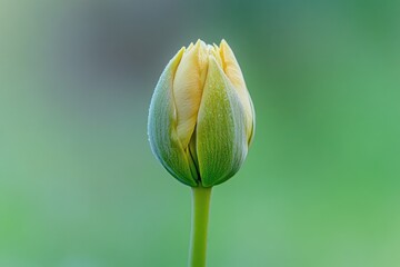 A vibrant yellow tulip flower bud on a green stem, with droplets of water and dew in the morning light.
