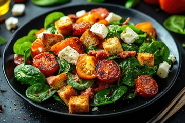 A fresh and flavorful vegetable salad with toasted croutons, feta cheese, olives, pita chips, and grilled bread. This healthy dinner idea is perfect for lunch or a quick meal prep.